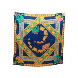 FOULARD CARTIER ELEPHANTS CARRE 90 EN SOIE BLEU MARINE + BOITE SILK SCARF 385€