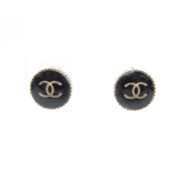 NEUF BOUCLES D'OREILLES CHANEL A95896 RONDES LOGO CC DORE NOIR NEW EARRINGS 350€