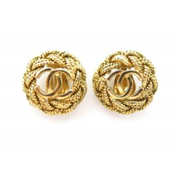 VINTAGE BOUCLES D'OREILLES CHANEL LOGO CC 1990 1991 METAL DORE + BOITE EARRINGS