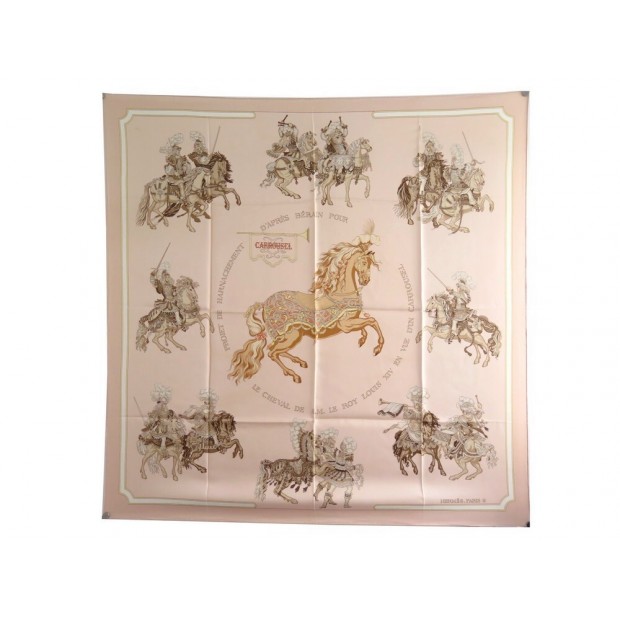 FOULARD HERMES CARROUSEL CHRISTIANE VAUZELLES CARRE 90 SOIE ROSE SILK SCARF 385€