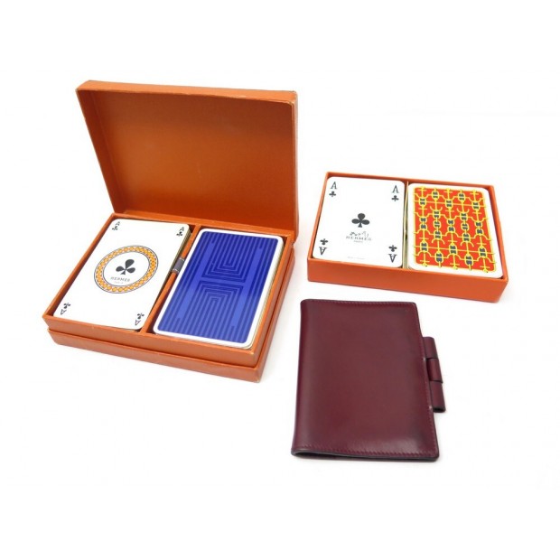 LOT HERMES COUVERTURE AGENDA PM CUIR ROUGE + 4 JEUX DE CARTES DIARY COVER CARDS