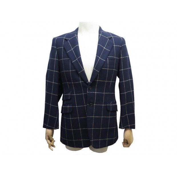 NEUF VESTE HERMES M 48 EN LAINE A CARREAUX BLEU MARINE G9125 WOOL JACKET 1700€