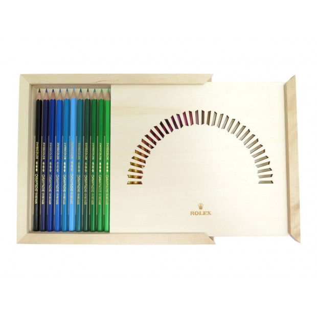 NEUF BOITE 24 CRAYONS DE COULEURS CARAN D'ACHE MONTRE ROLEX BOIS NEW PENCILS BOX