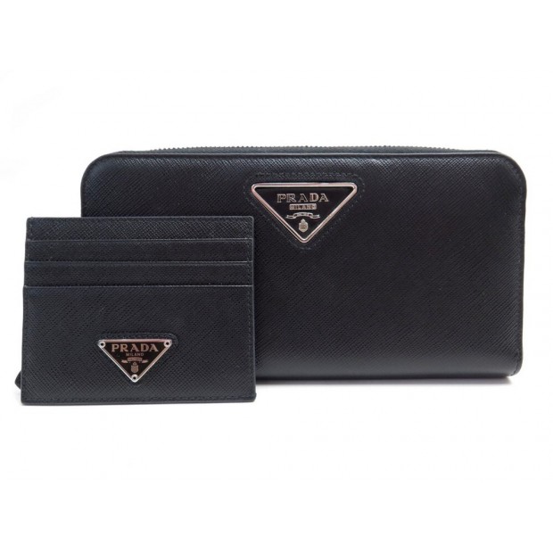 NEUF PORTEFEUILLE PRADA + PORTE CARTES EN CUIR SAFFIANO NOIR LEATHER WALLET 910€