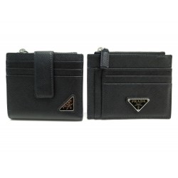 NEUF PORTEFEUILLE COMPACT + PORTE CARTES PRADA CUIR SAFFIANO NOIR WALLET 720€