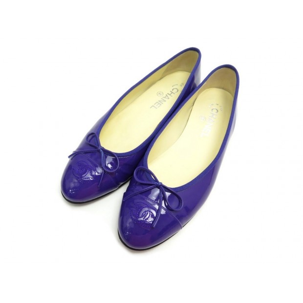 NEUF CHAUSSURES CHANEL BALLERINES LOGO CC 40 G02819 CUIR VERNI VIOLET SHOES 670€
