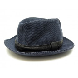 NEUF CHAPEAU HERMES TAILLE 57 EN VELOURS COTELE BLEU & CUIR NOIR NEW HAT 730€