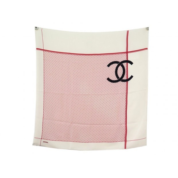 FOULARD CHANEL LOGO CC CARRE 90 EN SOIE BEIGE & ROUGE SILK SCARF 380€