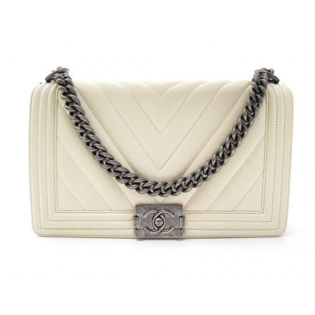 SAC A MAIN CHANEL GRAND BOY EN CUIR CHEVRON CREME BANDOULIERE HAND BAG 5400€