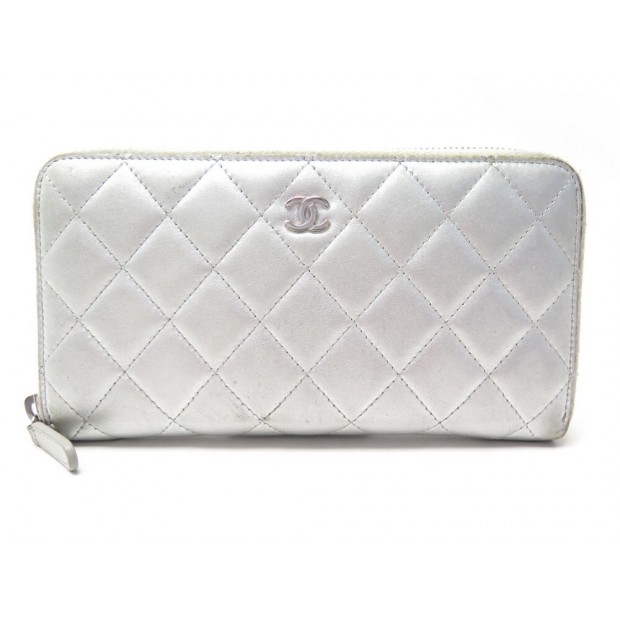 PORTEFEUILLE LONG CHANEL ZIPPE CLASSIQUE EN CUIR MATELASSE ARGENTE WALLET 1010€