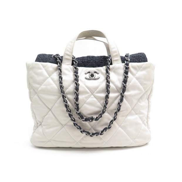 SAC A MAIN CHANEL CABAS SHOPPING LOGO CC CUIR MATELASSE BLANC & TWEED BAG 4700€