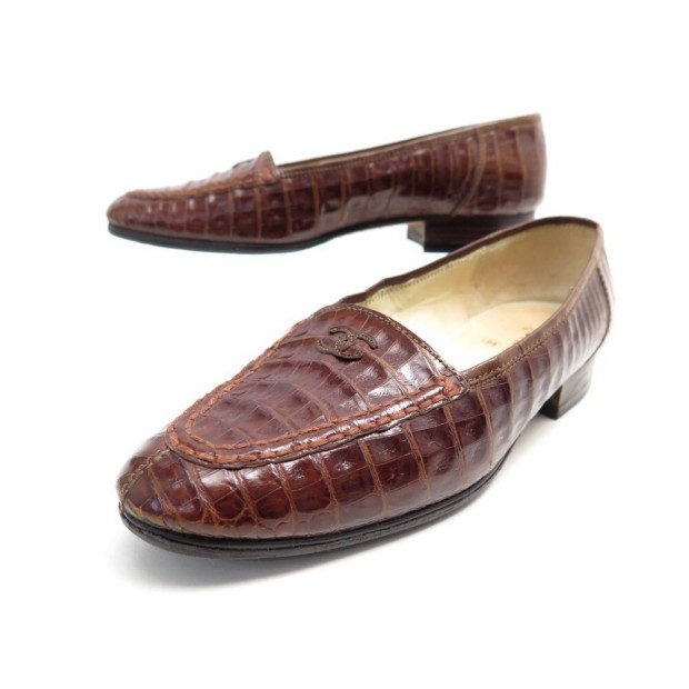 CHAUSSURES CHANEL MOCASSINS LOGO CC 36 EN CUIR CROCODILE MARRON LOAFERS SHOES