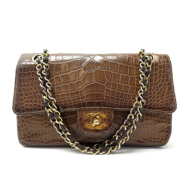 VINTAGE SAC A MAIN CHANEL CLASSIQUE TIMELESS EN CUIR CROCODILE MARRON HAND BAG