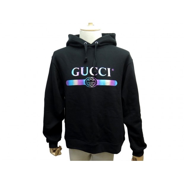 NEUF PULL GUCCI 475375 M 48 RAINBOW LOGO NOIR SWEAT CAPUCHE NEW SWEATER 890€