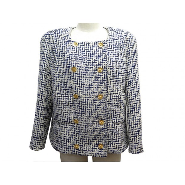 NEUF VESTE CHANEL L 42 EN TWEED BICOLORE BLANC BLEU MARINE LAINE JACKET 4200€