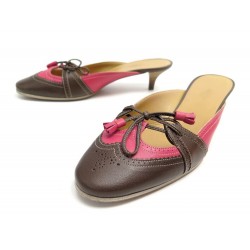 NEUF CHAUSSURES HERMES MULES A TALON 37 EN CUIR MARRON FUSHIA BOITE SHOES 680€