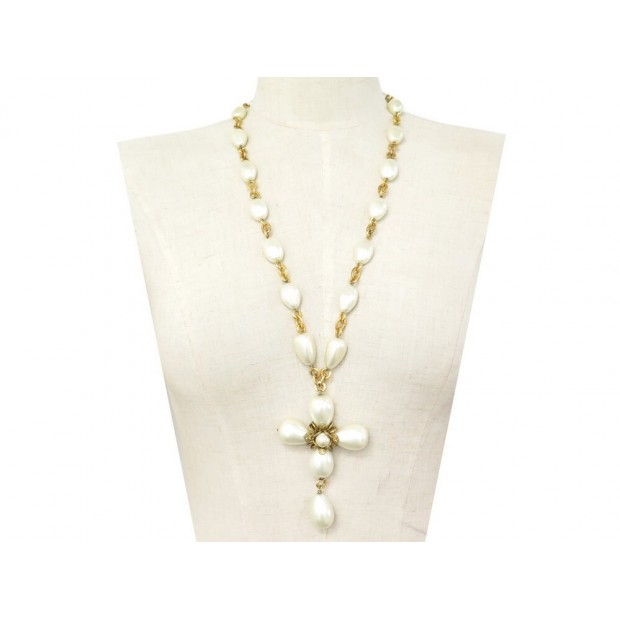 VINTAGE COLLIER CHANEL 1994 CROIX EN PERLES & METAL DORE PEARL NECKLACE 1990€