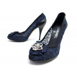 NEUF CHAUSSURES CHANEL ESCARPINS 37 CAMELIA STRASS & DENTELLE BLEU SHOES 950€