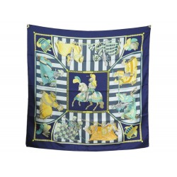 FOULARD HERMES CHOCS EN PLUMES VAUZELLES CARRE 90 EN SOIE BLEU SILK SCARF 385€