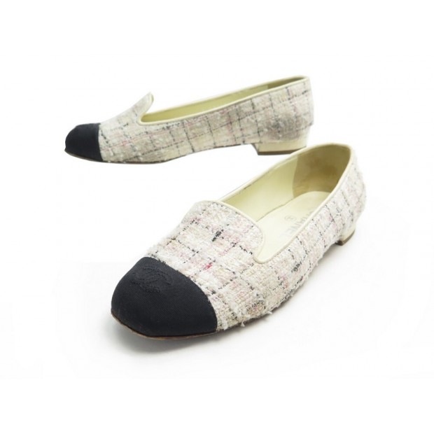 CHAUSSURES CHANEL MOCASSINS G33678 EN TWEED BLANC + BOITE LOAFERS SHOES 990€