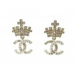 NEUF BOUCLES D'OREILLES CHANEL LOGO CC COURRONNE METAL DORE NEW EARRINGS 710€