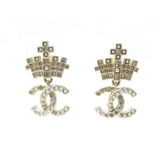 NEUF BOUCLES D'OREILLES CHANEL LOGO CC COURRONNE METAL DORE NEW EARRINGS 710€