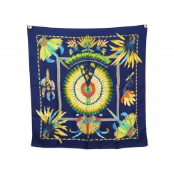 FOULARD HERMES BRAZIL BOURTHOUMIEUX CARRE 90 EN SOIE BLEU + ETUI SILK SCARF 385€