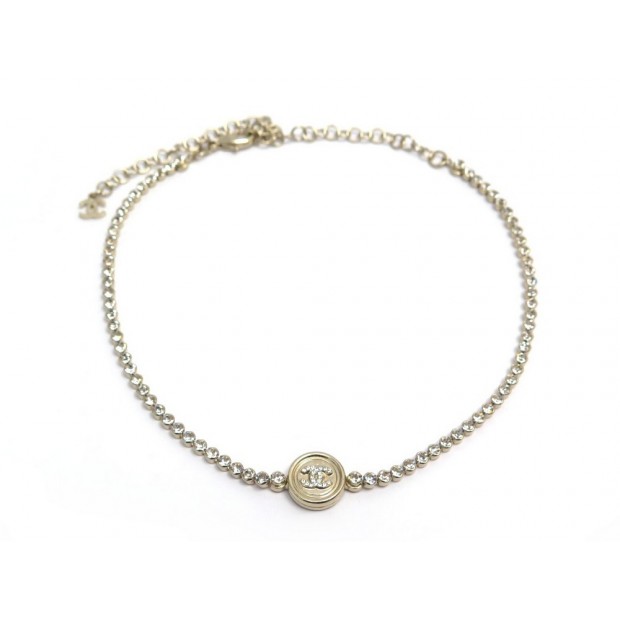 NEUF COLLIER CHANEL LOGO CC & STRASS 31-45 CM EN METAL DORE GOLDEN NECKLACE 970€