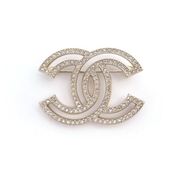 NEUF BROCHE CHANEL LOGO CC & STRASS A64746 EN METAL DORE NEW GOLDEN BROOCH 570€