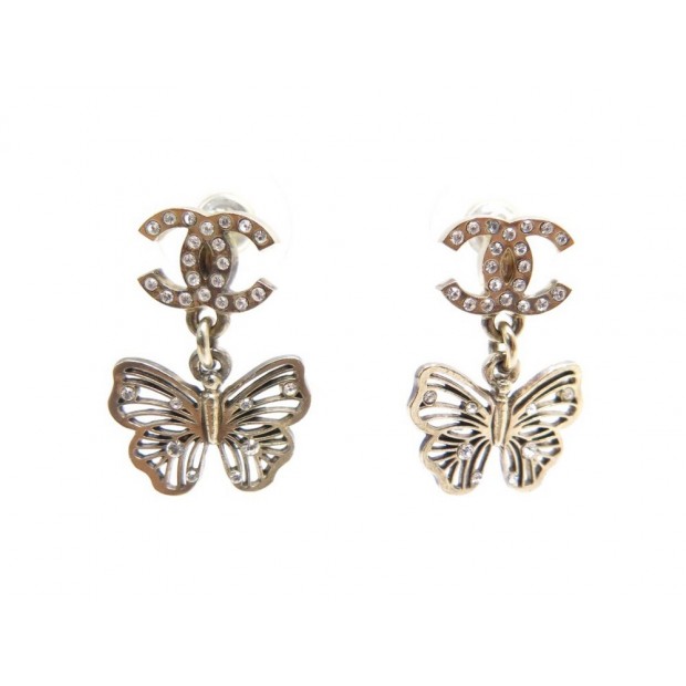 BOUCLES D'OREILLES CHANEL LOGO CC ET PAPILLON METAL DORE BUTTERFLY EARRINGS 390€