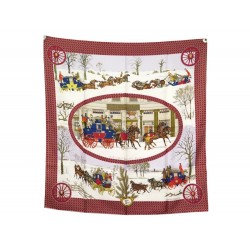 FOULARD HERMES L'HIVER EN POSTE LEDOUX CARRE 90 EN SOIE ROUGE SILK SCARF 385€