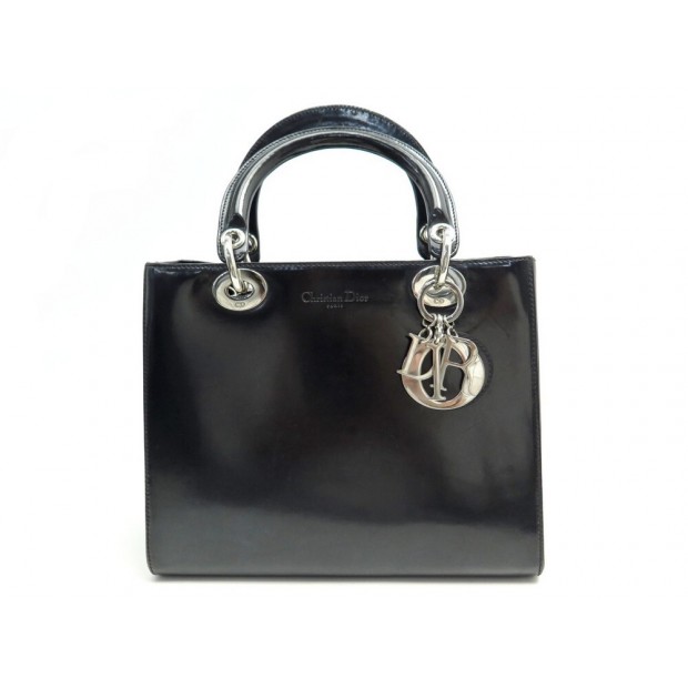 SAC A MAIN CHRISTIAN DIOR LADY MEDIUM EN CUIR VERNIS NOIR LEATHER HAND BAG 3900€