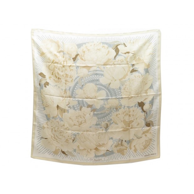 FOULARD HERMES LES PIVOINES VAUZELLES CARRE 90 EN SOIE BEIGE SILK SCARF 385€