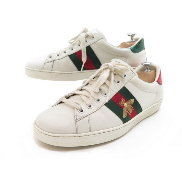 CHAUSSURES GUCCI BASKETS 429446 ACE BRODEES 42 CUIR BLANC + BOITE SNEAKERS 540€