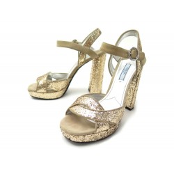 NEUF CHAUSSURES PRADA PLATINO GLITTER SANDALES A TALONS 38.5 PAILLETTES 650€