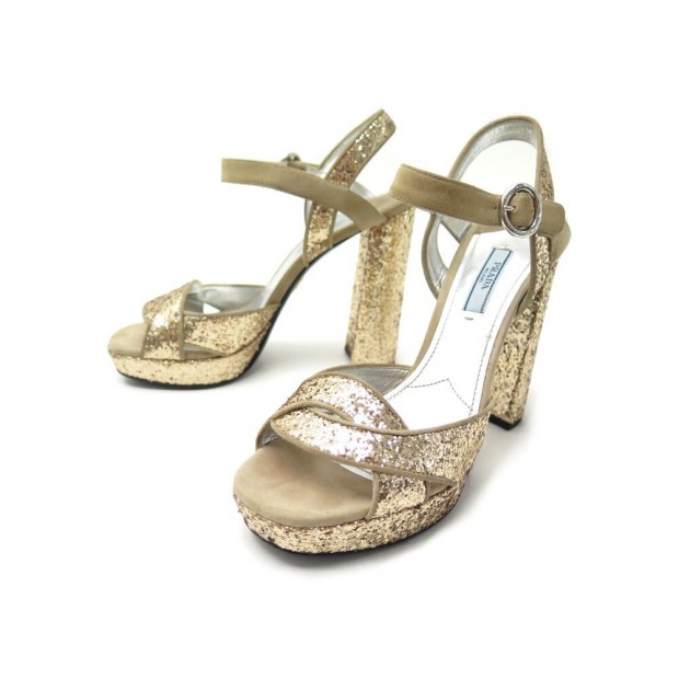 NEUF CHAUSSURES PRADA PLATINO GLITTER SANDALES A TALONS 38.5 PAILLETTES 650€