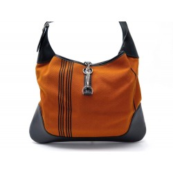 NEUF SAC A MAIN HERMES TRIM EN TOILE ORANGE RAYEE & CUIR NOIR NEW CANVAS HANDBAG