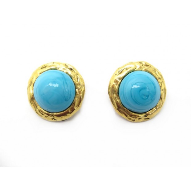 VINTAGE BOUCLES D'OREILLES CHANEL 1970 CABOCHON TURQUOISE & METAL DORE EARRINGS