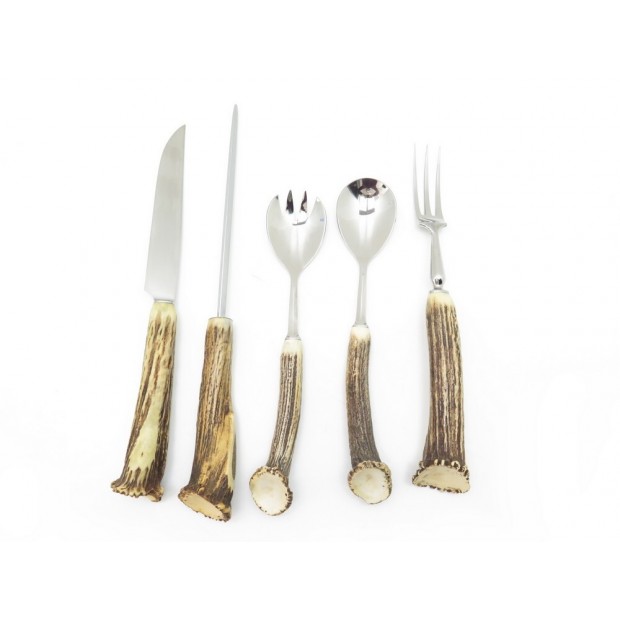 LOT 5 COUVERTS DE CHASSE HERMES MANCHE EN BOIS CERVIDES TABLE SET ANTLER HANDLE