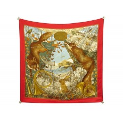 FOULARD HERMES CHASSE AU BOIS PAR CARL DE PARCEVAUX SOIE ROUGE SILK SCARF 385€