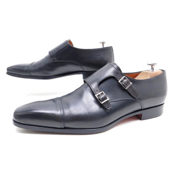 CHAUSSURES SANTONI 10053 MOCASSINS BI BOUCLES 41.5 42.5 FR CUIR GRIS SHOES 560€