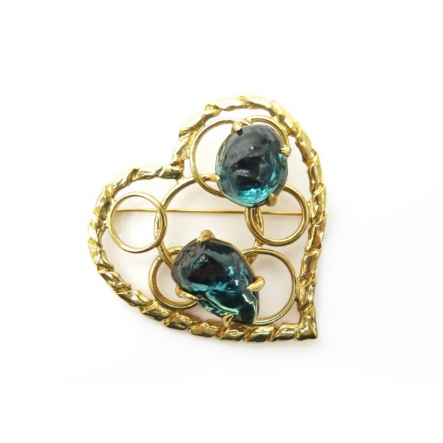 NEUF VINTAGE BROCHE YVES SAINT LAURENT GOOSSENS COEUR DORE PIERRES BOITE BROOCH