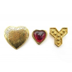 VINTAGE LOT DE 3 BROCHES YVES SAINT LAURENT GOOSSENS COEUR Y METAL DORE BROOCH