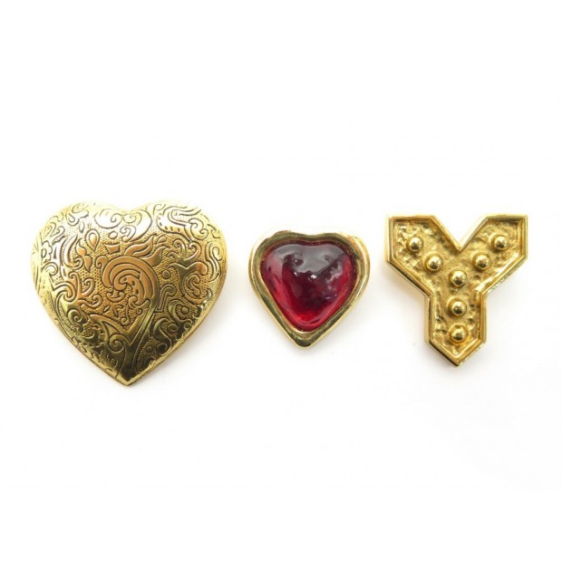 VINTAGE LOT DE 3 BROCHES YVES SAINT LAURENT GOOSSENS COEUR Y METAL DORE BROOCH