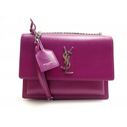 NEUF SAC A MAIN SAINT LAURENT SUNSET M 442906 CUIR FUSHIA BANDOULIERE BAG 1790€