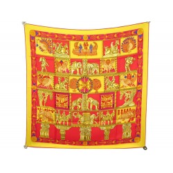 VINTAGE FOULARD HERMES TORANA 1987 CARRE 90 EN SOIE JAUNE ROUGE SILK SCARF 385€