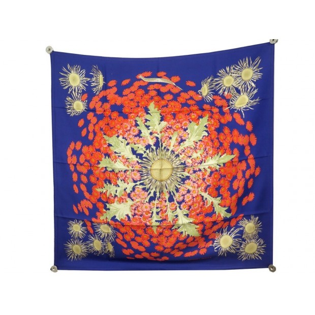 VINTAGE FOULARD HERMES FLEURS ET CARLINES 1985 CARRE 90 EN SOIE BLEU SCARF 410€