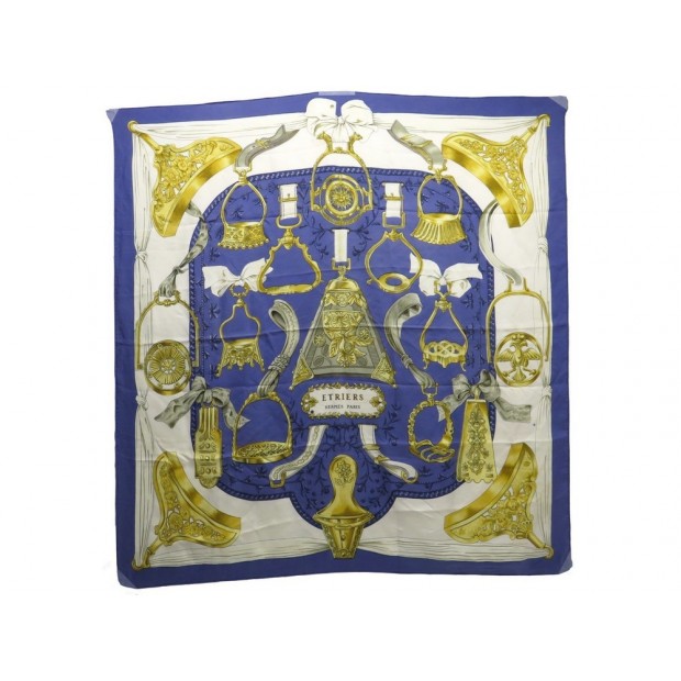 VINTAGE FOULARD HERMES ETRIERS 1ERE EDITION 1964 CARRE EN SOIE BLEU SCARF 350€