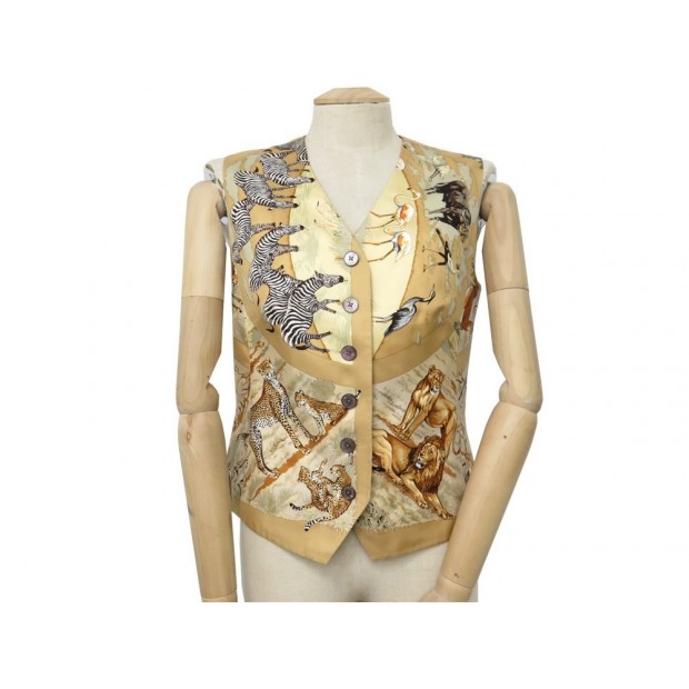 VINTAGE GILET SANS MANCHE HERMES TANZANIE M 38 EN SOIE BEIGE WAISTCOAT 710€