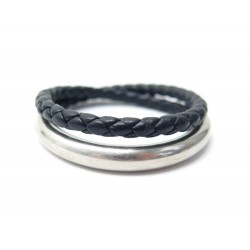 BRACELET CHRISTOFLE DUO COMPLICE DOUBLE TOUR T1 ARGENT MASSIF & CUIR TRESSE 260€